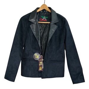 NWT A Collezioni Italian Style Womens Black Blazer Faux Suede/Leather Chic SzM